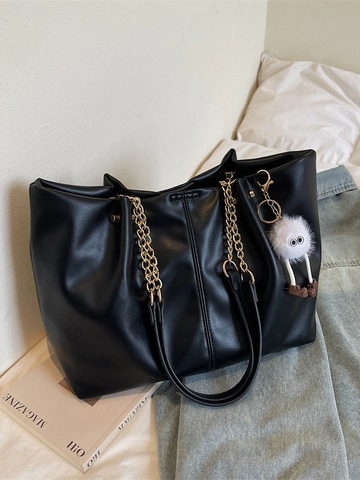 Damen Große Kapazität PU Leder Draagtas Mit Metallkette Urban Einfache Umhängetasche Pendler Handtasche Mit Plüschanhänger