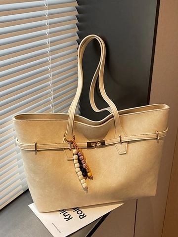 Women Fashion Large Capacity PU Leather Tote Bag Commuter Shoulder Bag With Beaded Pendant Metal Lock Solid Color Handbag