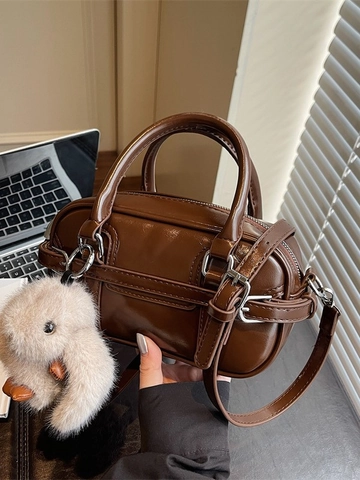 Women Retro PU Leather Boston Handbag Urban Minimalist Crossbody Shoulder Bag With Plush Rabbit Charm Solid Color Handbag