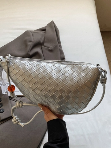 Damen Gewebte PU-Leder Halbmond Hobo-Tasche Mit Knotenriemen Und Bernsteinperlen-Dekor Retro Geflochtene Achsel-Umhängetasche