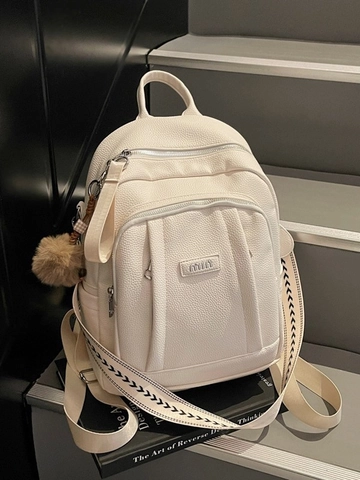 Women Fashion PU Leather Lychee Grain Backpack Large Capacity School Bag For Students With Woven Strap And Plush Ball