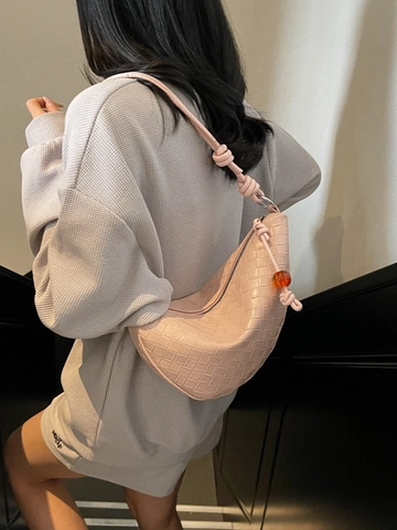 Damen Gewebte PU-Leder Halbmond Hobo-Tasche Mit Knotenriemen Und Bernsteinperlen-Dekor Retro Geflochtene Achsel-Umhängetasche
