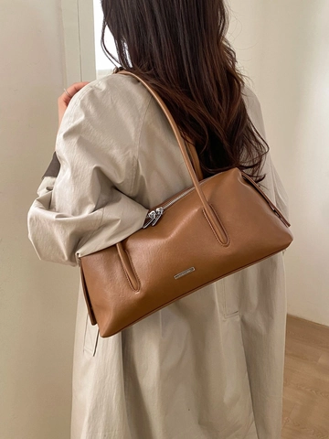 Retro Damen Achseltasche PU Leder Boston Kissen Schultertasche Pendeln Handtasche Mit Plüsch Hasen Anhänger Minimalistischer Stil