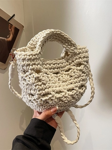 Hand Woven Cotton Rope Crochet Crossbody Bucket Bag For Women Hollow Out Summer Beach Vacation Handbag With Single Strap