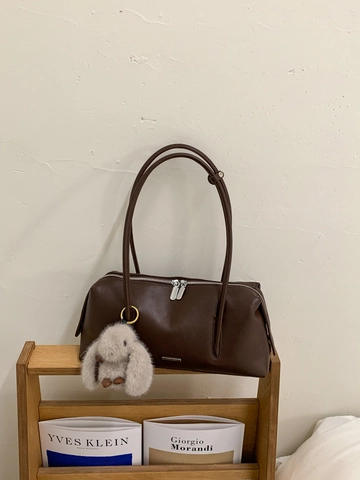 Retro Damen Achseltasche PU Leder Boston Kissen Schultertasche Pendeln Handtasche Mit Plüsch Hasen Anhänger Minimalistischer Stil