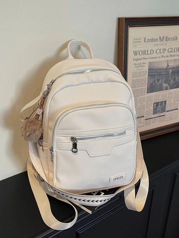Sac à Dos Femme en Cuir PU Mode Grande Capacité Motif Litchi Sac d'École Étudiants Commuter Avec Pendentif Pompon