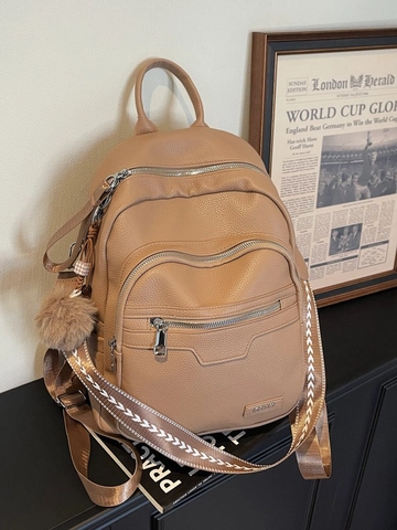 Sac à Dos Femme en Cuir PU Mode Grande Capacité Motif Litchi Sac d'École Étudiants Commuter Avec Pendentif Pompon