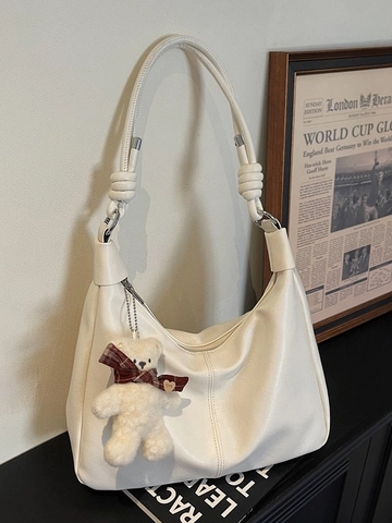 Dames Grote Capaciteit PU Leer Hobo Crossbody Tas Met Geknoopte Band Pluche Beer Hanger Casual Mode Schoudertas