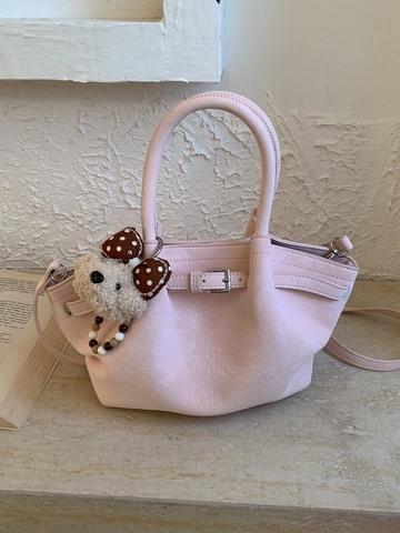 Minimalist Women PU Leather Pleated Bucket Bag Retro Crossbody Handbag With Detachable Plush Charm Adjustable Strap For Daily Use