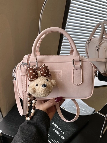 Retro Women Bowling Handbag PU Leather Solid Square Bag Urban Stitching Crossbody Bag With Plush Charm Fashion Daily Top Handle Purse