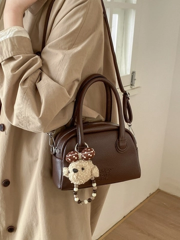 Damen PU Leder Litschikorn Boston Bag Quadratische Umhängetasche Mit Welpen Plüschanhänger Ziernaht Schultertasche Handtasche