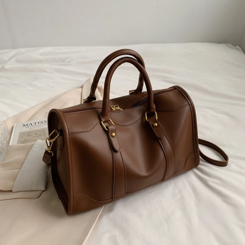 Damen Mode Boston Handtasche Vintage Kunstleder Umhängetasche Retro Ziernaht Große Kapazität Griff Schultertasche Umhängetasche