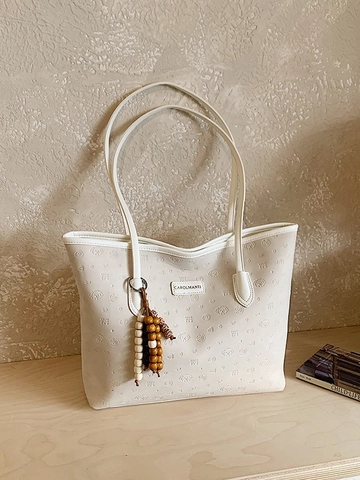 Large Capacity Embossed PU Leather Tote Bag Retro Puppy Heart Pattern Handbag With Wood Bead Pendant Women Shoulder Bag