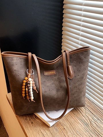 Large Capacity Embossed PU Leather Tote Bag Retro Puppy Heart Pattern Handbag With Wood Bead Pendant Women Shoulder Bag