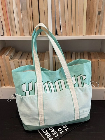 Damen Große Kapazität Segeltuch Tragetasche Casual Buchstabendruck Farbblock Schultertasche Mit Seitlichen Kordelzug Taschen Pendeln