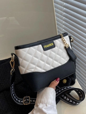 Bolso Bandolera Acolchado de Rombo para Mujer de Cuero PU Moda Color de Contraste Correa Ancha Bolso de Cubo Casual