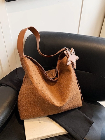 Damen Große Kapazität Gewebte PU Leder Tragetasche Mode Hobo Schultertasche Mit Sternanhänger Lässige Tägliche Pendlertasche