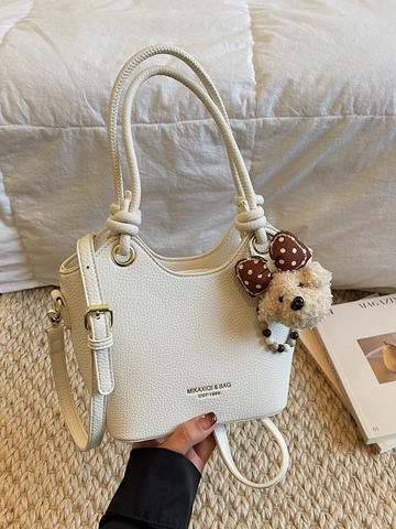 Borsa a Secchiello da Donna in PU Grana Litchi Ciondolo Orso Peluche Tracolla Regolabile Borsa a Mano Minimalista Urbana