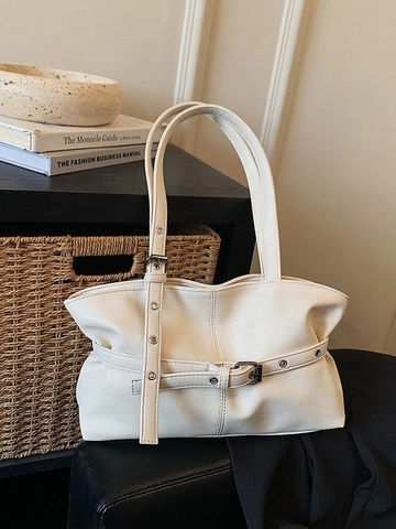 Damen Große Kapazität Retro Tote Bag Koreanischer Stil PU Leder Schultertasche Mit Gürtelschnalle Und Metallösen Achseltasche