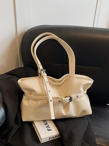 Damen Große Kapazität Retro Tote Bag Koreanischer Stil PU Leder Schultertasche Mit Gürtelschnalle Und Metallösen Achseltasche