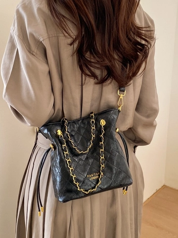 Bolso Bombonera de Cuero PU Acolchado para Mujer Patrón de Rombos Gran Capacidad Bolso Bandolera Con Cadena Dorada