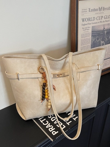 Minimalist Solid Color PU Leather Tote Bag With Metallic Lock And Beaded Pendant Large Capacity Shoulder Bag For Women Daily Work