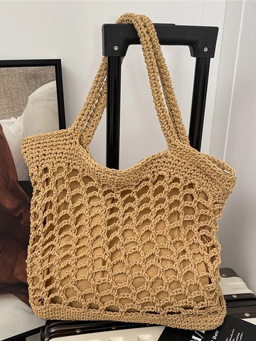 Damen Handgewebte Häkeln Hohle Mesh Einkaufstasche Große Kapazität Stoff Sommer Strand Urlaub Lässig Umhängetasche