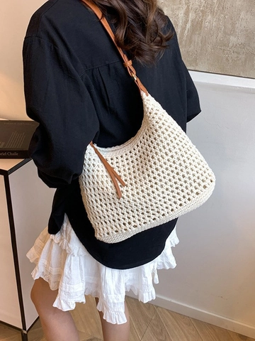 Borsa a Tracolla Intrecciata da Donna Borsa da Spiaggia in Paglia all'Uncinetto Grande Capacità Stile Boho Vacanze Estive