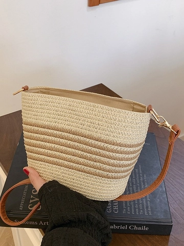 Borsa a Secchiello Intrecciata in Paglia Minimalista da Donna Borsa a Tracolla per Vacanze Estive al Mare con Righe a Contrasto