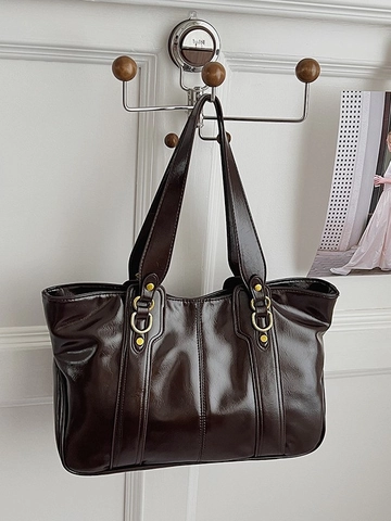 Borsa Tote in Pelle PU Cerata All'olio Vintage per Donna Grande Capacità Borsa a Tracolla da Pendolare Elegante Tinta Unita
