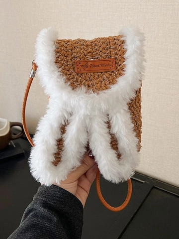 Borsa a Tracolla da Donna in Peluche con Orecchie di Coniglio Fatta a Mano Carina Borsa Porta Cellulare in Maglia Intrecciata Piccola Borsa Messenger