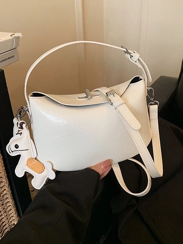 Elegant Women PU Leather Crossbody Bag Solid Color Pleated Design Handbag With Horse Charm Adjustable Strap For Daily Use