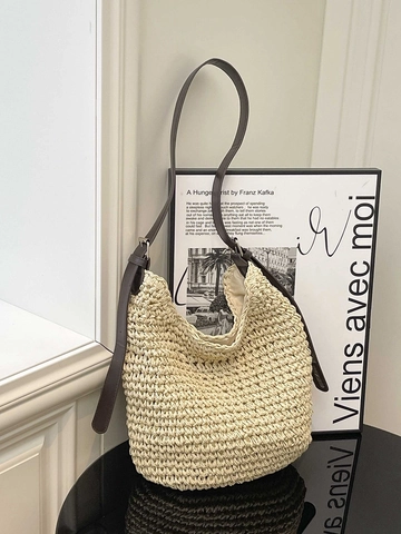 Damen Gewebte Stroh Umhängetasche Große Kapazität Sommer Strand Urlaub Tote Bag Mit Verstellbarem Riemen Einfache Schultertasche