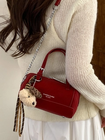 Retro PU Leather Bowling Bag For Women Minimalist Solid Color Handbag With Plush Bear Charm Chain Shoulder Underarm Bag
