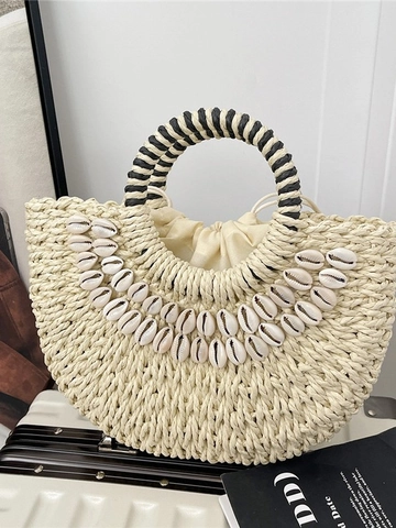 Borsa a Mano Intrecciata in Paglia Bohemien Con Decorazioni in Conchiglia Stile Vacanza Estiva al Mare per Donna