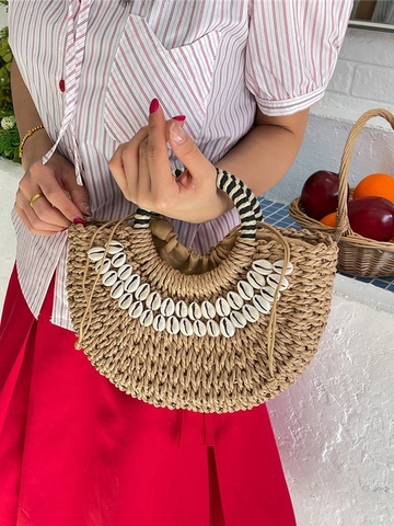 Borsa a Mano Intrecciata in Paglia Bohemien Con Decorazioni in Conchiglia Stile Vacanza Estiva al Mare per Donna