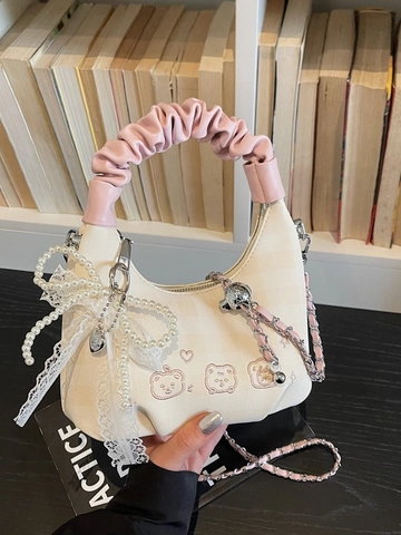 Women Korean Fashion Pleated Cloud Handbag PU Leather Crossbody Bag With Lace Artificial Pearl Bow Charm Bear Embroidery