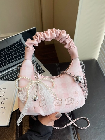 Women Korean Fashion Pleated Cloud Handbag PU Leather Crossbody Bag With Lace Artificial Pearl Bow Charm Bear Embroidery