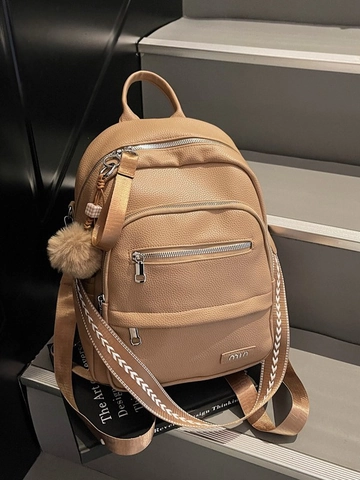 Sac à Dos Femme en Cuir PU Mode Grande Capacité Multi-Poches Tendance Urbaine Minimaliste Navette Voyage Sac à Dos Avec Pendentif Boule de Peluche