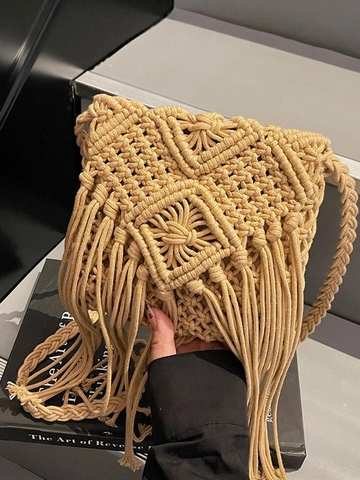 Handmade Bohemian Macrame Woven Shoulder Bag Hollow Fringe Tassel Crossbody Bag For Women Beach Summer Vacation Underarm Bag