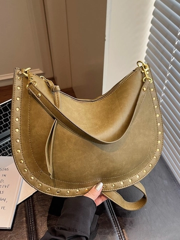 Bolso de Axila de Cuero PU Retro para Mujer Gran Capacidad Decoración de Remaches Bolso de Mano Media Luna Moda Color Sólido Bandoulière