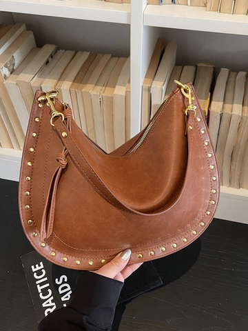 Bolso de Axila de Cuero PU Retro para Mujer Gran Capacidad Decoración de Remaches Bolso de Mano Media Luna Moda Color Sólido Bandoulière