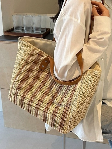 Damen Gestreift Strohgeflecht Tote Bag Große Kapazität Lässige Strand Umhängetasche Kontrastfarbe Sommer Reise Handtasche
