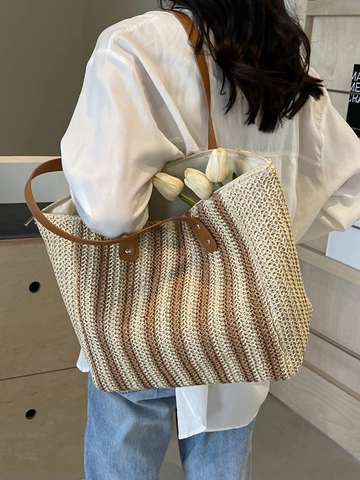 Damen Gestreift Strohgeflecht Tote Bag Große Kapazität Lässige Strand Umhängetasche Kontrastfarbe Sommer Reise Handtasche