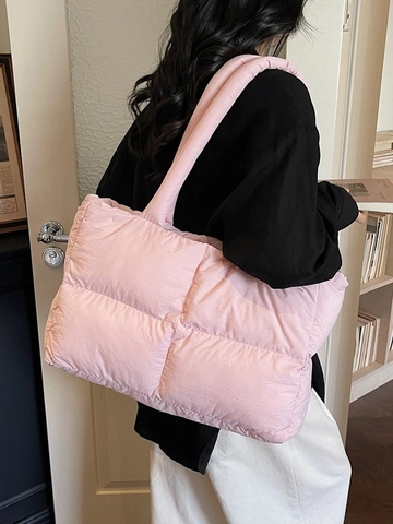 Women Korean Style Quilted Puffer Shoulder Bag Rhombic Pattern Lightweight Padded Tote Bag Large Capacity Handbag