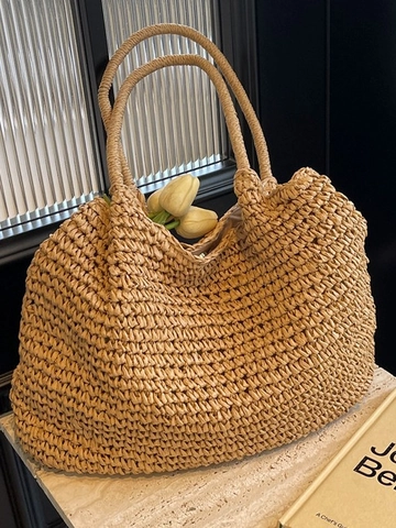 Damen Stroh Gewebt Einkaufstasche Große Kapazität Sommer Strand Urlaub Schultertasche Handgemachte Lässig Unterarmtasche Beige Khaki