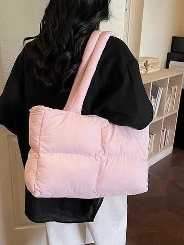 Women Korean Style Quilted Puffer Shoulder Bag Rhombic Pattern Lightweight Padded Tote Bag Large Capacity Handbag