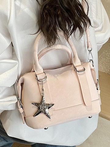 Sac Bowling en Cuir PU Style Coréen Avec Pendentif Étoile pour Femme Sac à Main Boston Sac à Bandoulière Sacoche