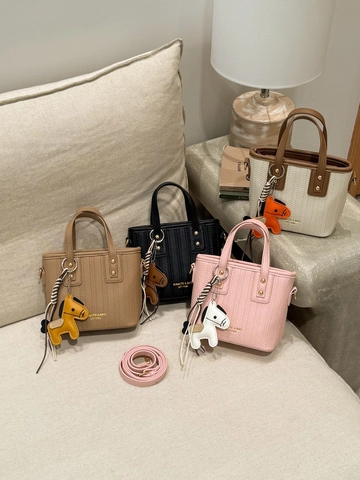 Trendige PU-Leder Mini-Eimertasche für Frauen Retro Gewebte Textur Handtasche mit Pferdeanhänger Pendler Umhängetasche