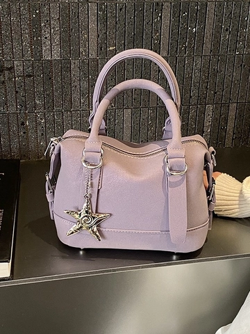 Sac Bowling en Cuir PU Style Coréen Avec Pendentif Étoile pour Femme Sac à Main Boston Sac à Bandoulière Sacoche
